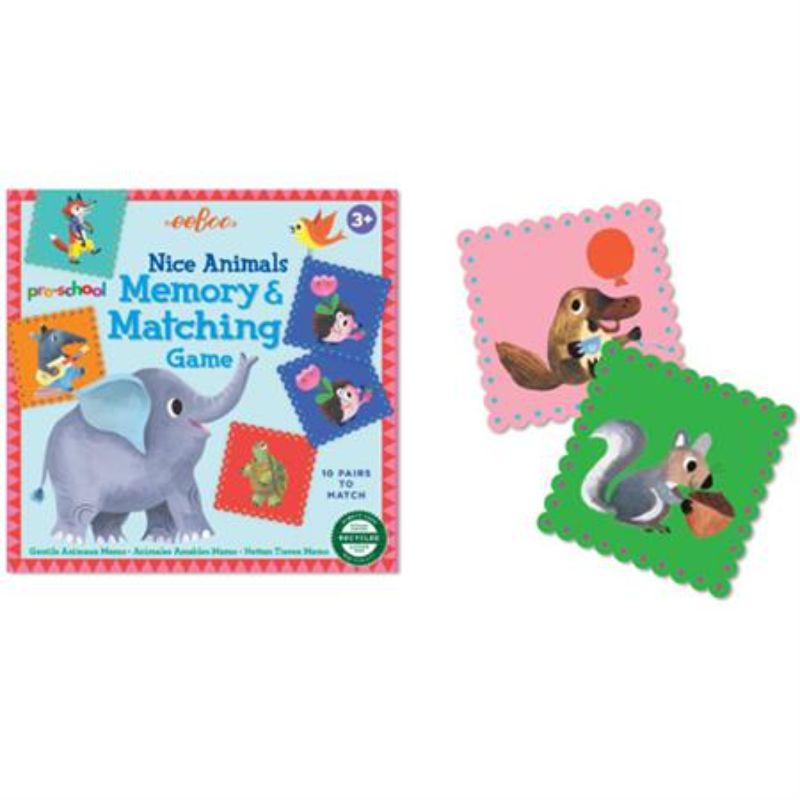 Colorful memory game featuring 10 pairs of friendly animal illustrations by Linda Bleck, made from recycled materials.