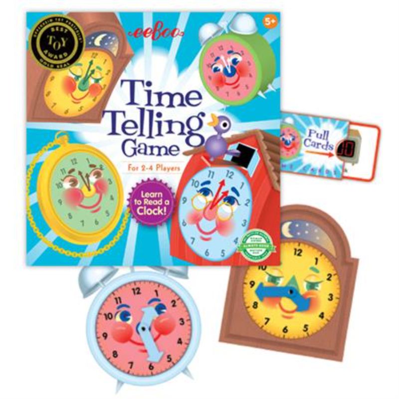 Colorful eeBoo Time Telling Game set for teaching kids to tell time with movable clock hands and engaging game cards.