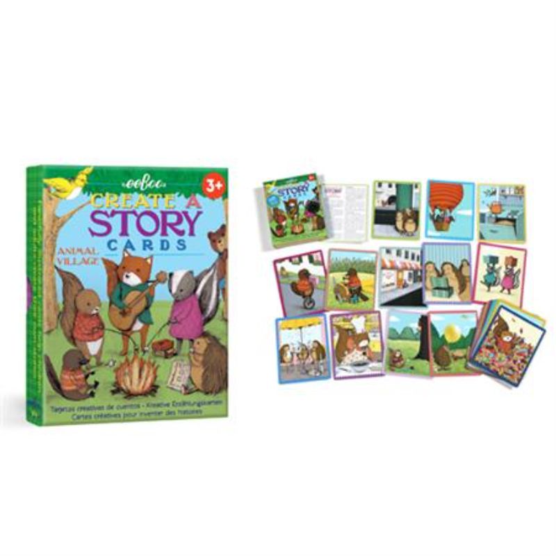 Colorful storytelling cards featuring whimsical animal characters, perfect for sparking creativity in kids aged 3 and up.