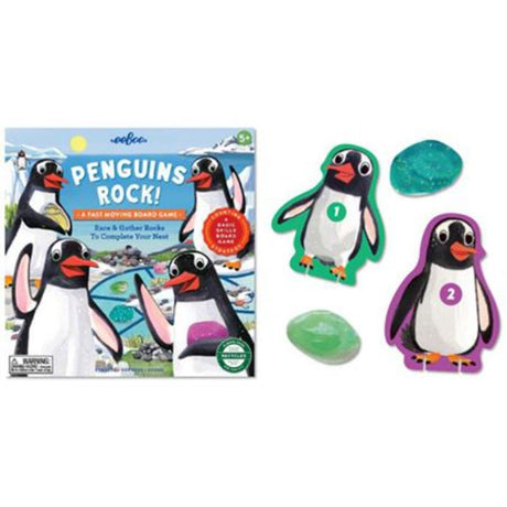 Colorful board game "eeBoo Penguins Rock" featuring Gentoo penguins building nests, enhancing counting and patience skills.