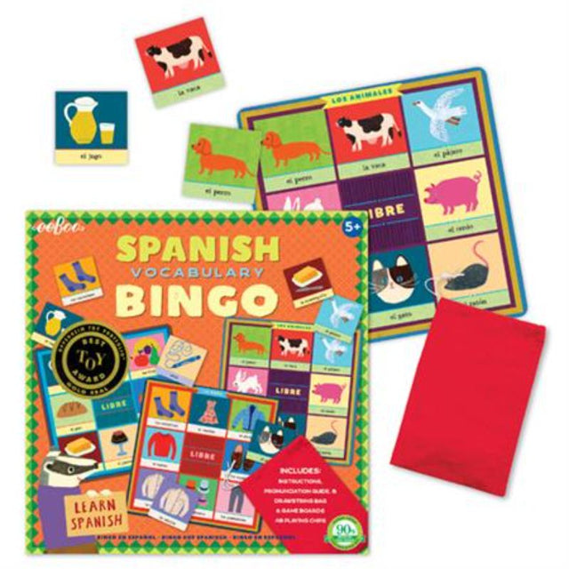 Colorful eeBoo Spanish Bingo Game featuring 6 boards, 48 tiles, and pronunciation guide for fun language learning.