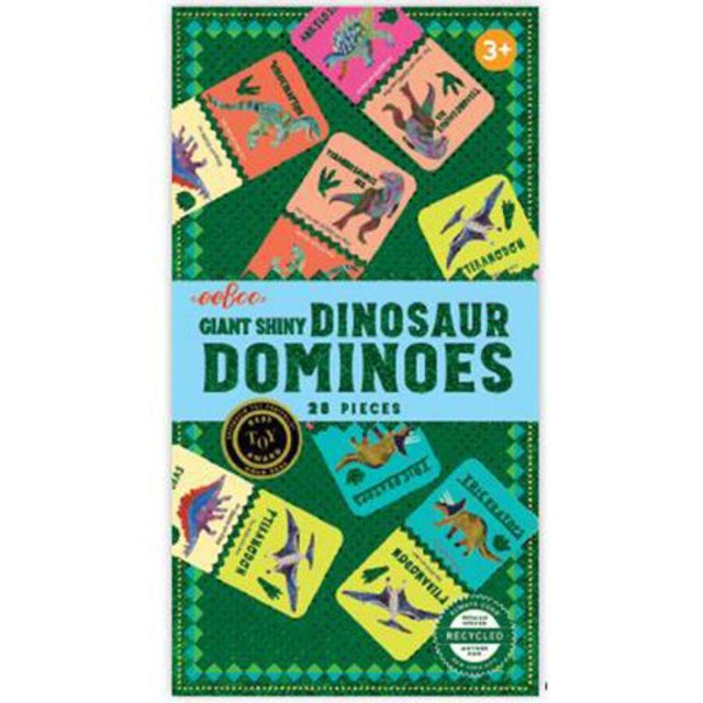 Oversized colorful dominoes featuring shiny dinosaurs, names, pronunciations, and footprints for educational family fun.