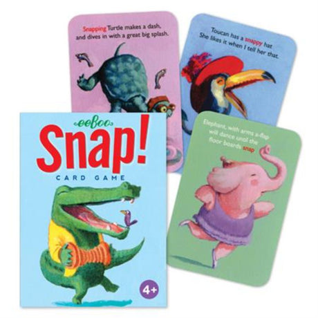 Colorful eeBoo Snap Playing Cards featuring rhymes, designed for children, eco-friendly, durable, and perfect for family fun.