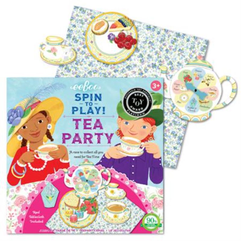 Colorful eeBoo Tea Party Spinner Game for kids, promoting social skills and patience with durable, eco-friendly pieces.