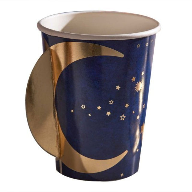 Navy blue paper cups with gold moons, set of 8, perfect for elegant Eid celebrations and eco-friendly festivities.