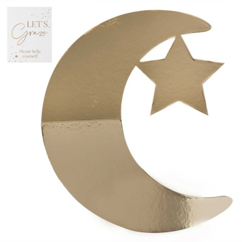 Elegant gold crescent moon and star-shaped grazing board, perfect for Eid celebrations with a 'Let's Graze' tent sign.