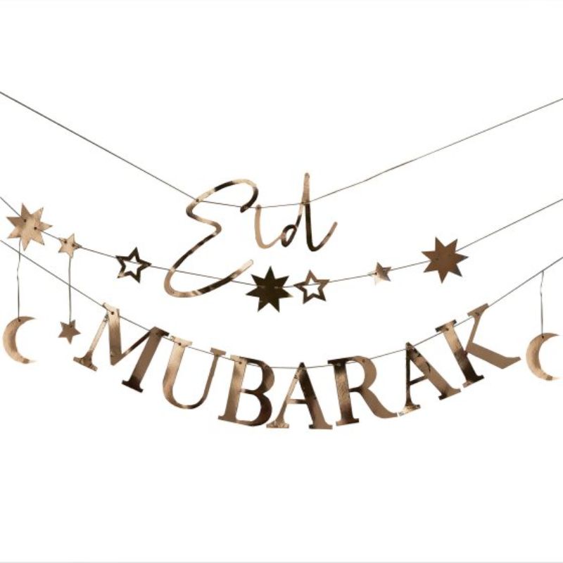 Eid Mubarak bunting featuring gold moons and stars, perfect for elegant Eid celebrations and festive decor.