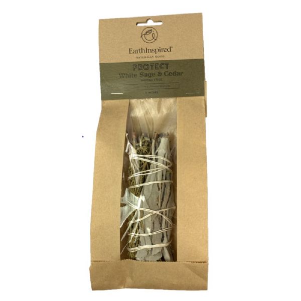 4-inch Cedar and White Sage smudge bundle for purification and spiritual healing, promoting positivity and tranquility.