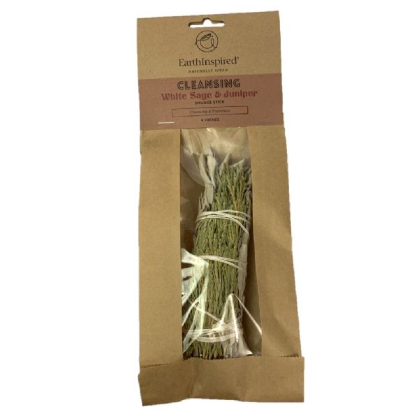 4-inch Juniper and White Sage smudge bundle for cleansing rituals and spiritual practices, promoting harmony and positivity.