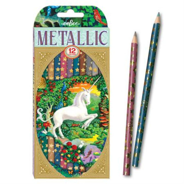 Metallic 12 color pencil set featuring unicorn design, pre-sharpened with a sharpener, ideal for vibrant artwork creation.