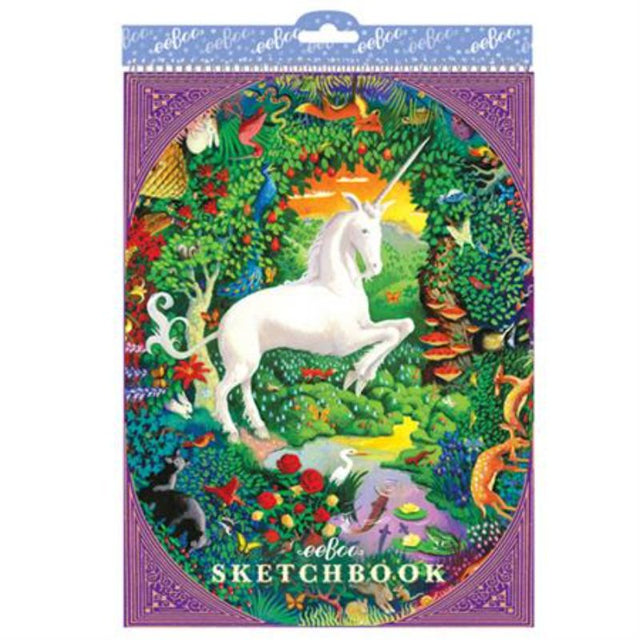 Illustrated cover of the eeBoo Unicorn Sketchbook, featuring whimsical unicorn designs for inspiring creativity in artists.