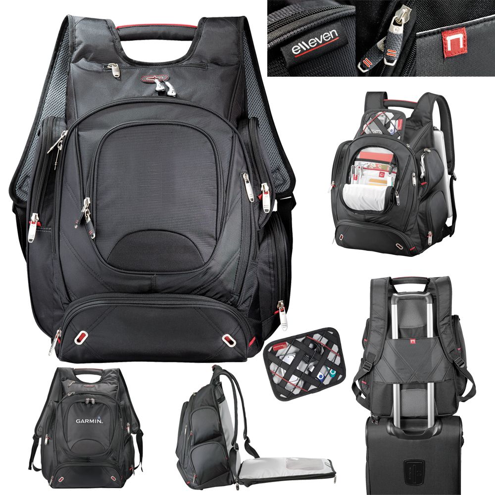 Checkpoint-friendly Elleven backpack with side-entry laptop compartment, multiple pockets, and comfortable padded straps.