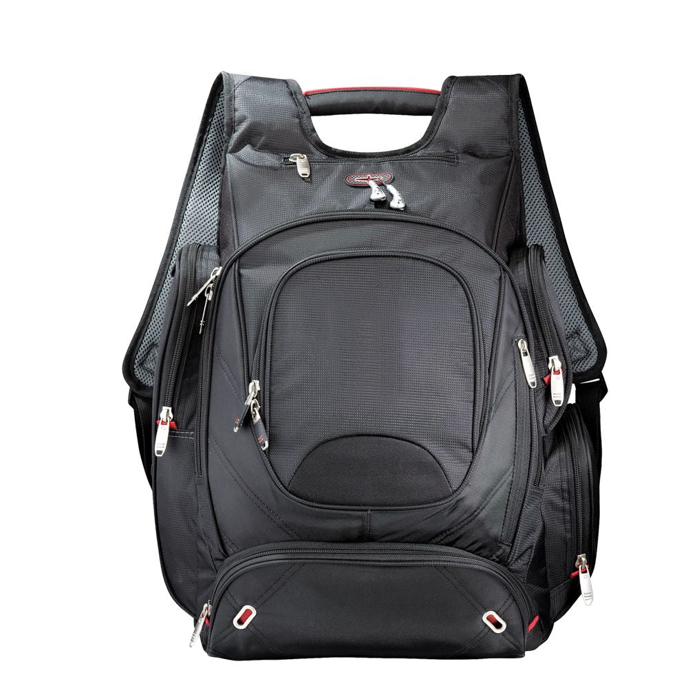 Checkpoint-friendly backpack with side entry for 17-inch laptops, multiple pockets, and padded comfort straps.