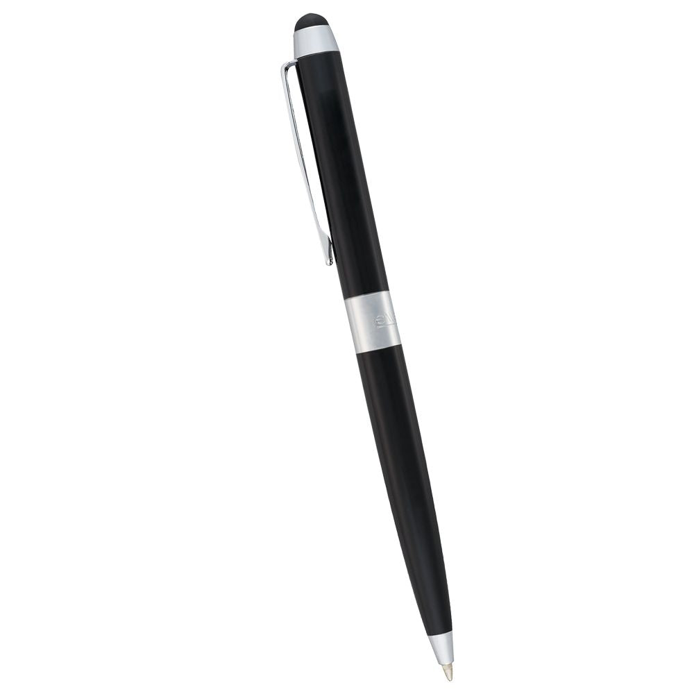 Dual Ballpoint Stylus Pen by Elleven, featuring high-gloss brass body, rubberized stylus, and retractable twist mechanism.