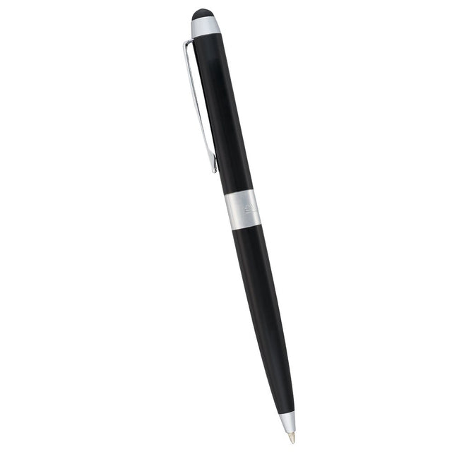 Dual Ballpoint Stylus Pen by Elleven, featuring high-gloss brass body, rubberized stylus, and retractable twist mechanism.