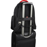 Sleek padded laptop backpack with TSA-friendly compartment, multiple pockets, and comfortable straps for working professionals.