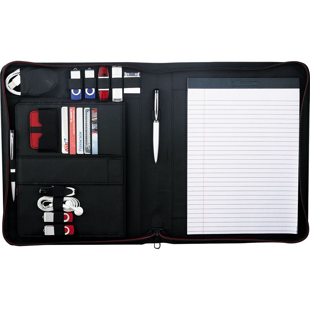 Sleek iPad zippered padfolio with removable Tech Trap, easel stand, business card pockets, and elastic pen loops.