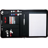 Sleek iPad zippered padfolio with removable Tech Trap, easel stand, business card pockets, and elastic pen loops.
