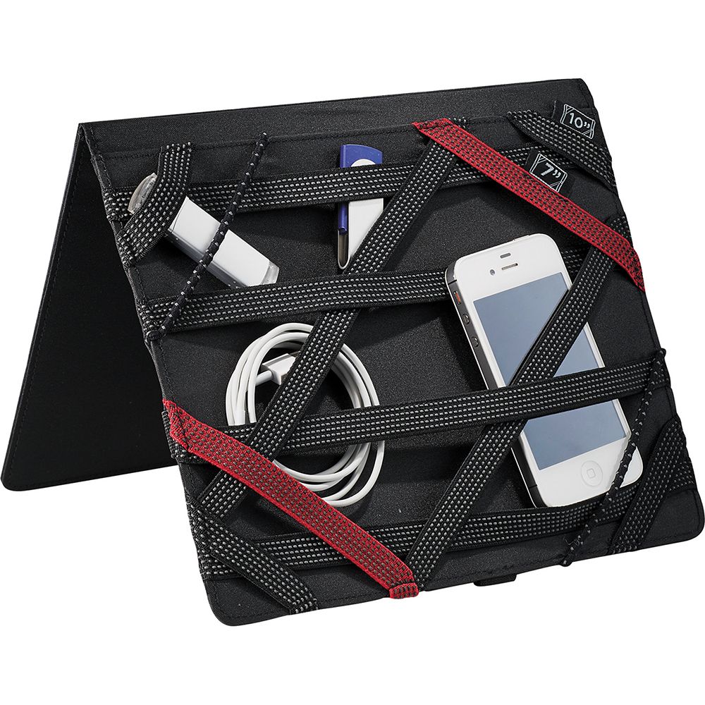 Sleek iPad zippered padfolio with removable Tech Trap, easel stand, card pockets, and writing pad for organized professionals.