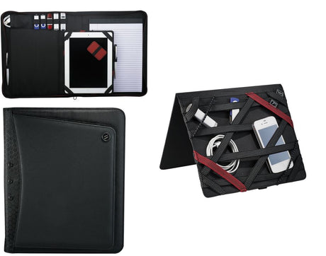 Modern zippered padfolio with removable Tech Trap for tablets, easel stand, card pockets, pen loops, and writing pad.