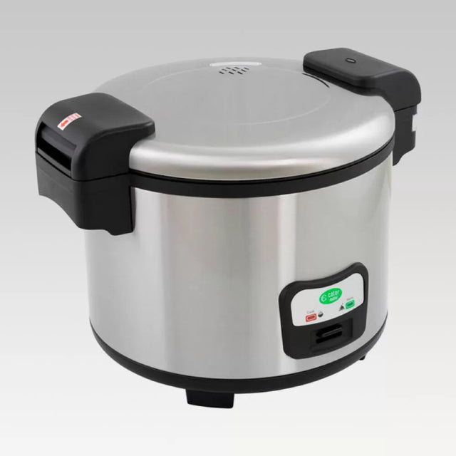 Stainless steel rice cooker with 30-cup capacity, perfect for fluffy rice, meal prep, and easy cleaning.