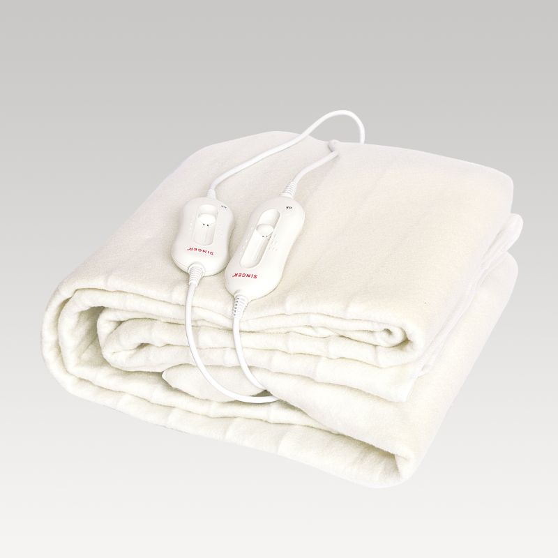 Cozy Singer Fitted Electric Blanket for single beds, featuring 3 heat settings, detachable controls, and elastic fitted skirt.