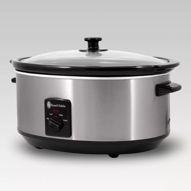 Russell Hobbs 6L Slow Cooker with ceramic bowl, 3 heat settings, and cool-touch handles for safe, effortless cooking.