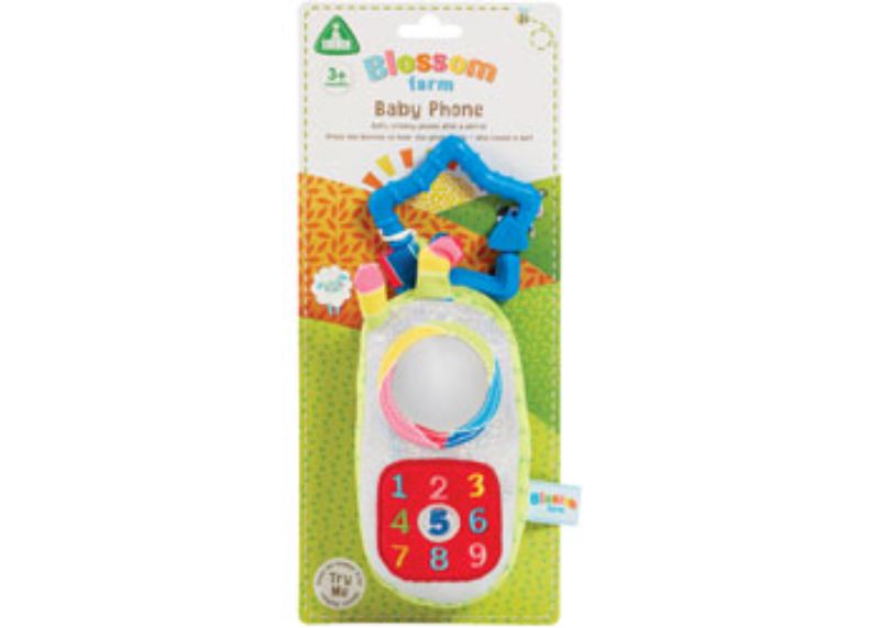 Brightly colored soft baby phone with textures, crinkly sounds, mirror, and a ringing number 5 for sensory fun and discovery.