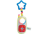 Brightly colored soft phone toy with textures, mirror, and ringing sounds for sensory exploration and imaginative play.