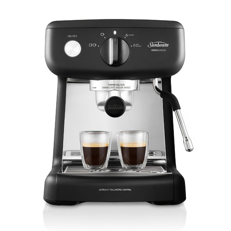Compact black espresso machine with 1350W, 15-bar pump, and PID heating for perfect coffee at home.