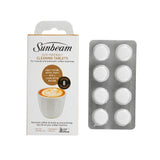 White espresso machine cleaning tablets in a package, designed to dissolve coffee oil buildup for enhanced taste and machine longevity.