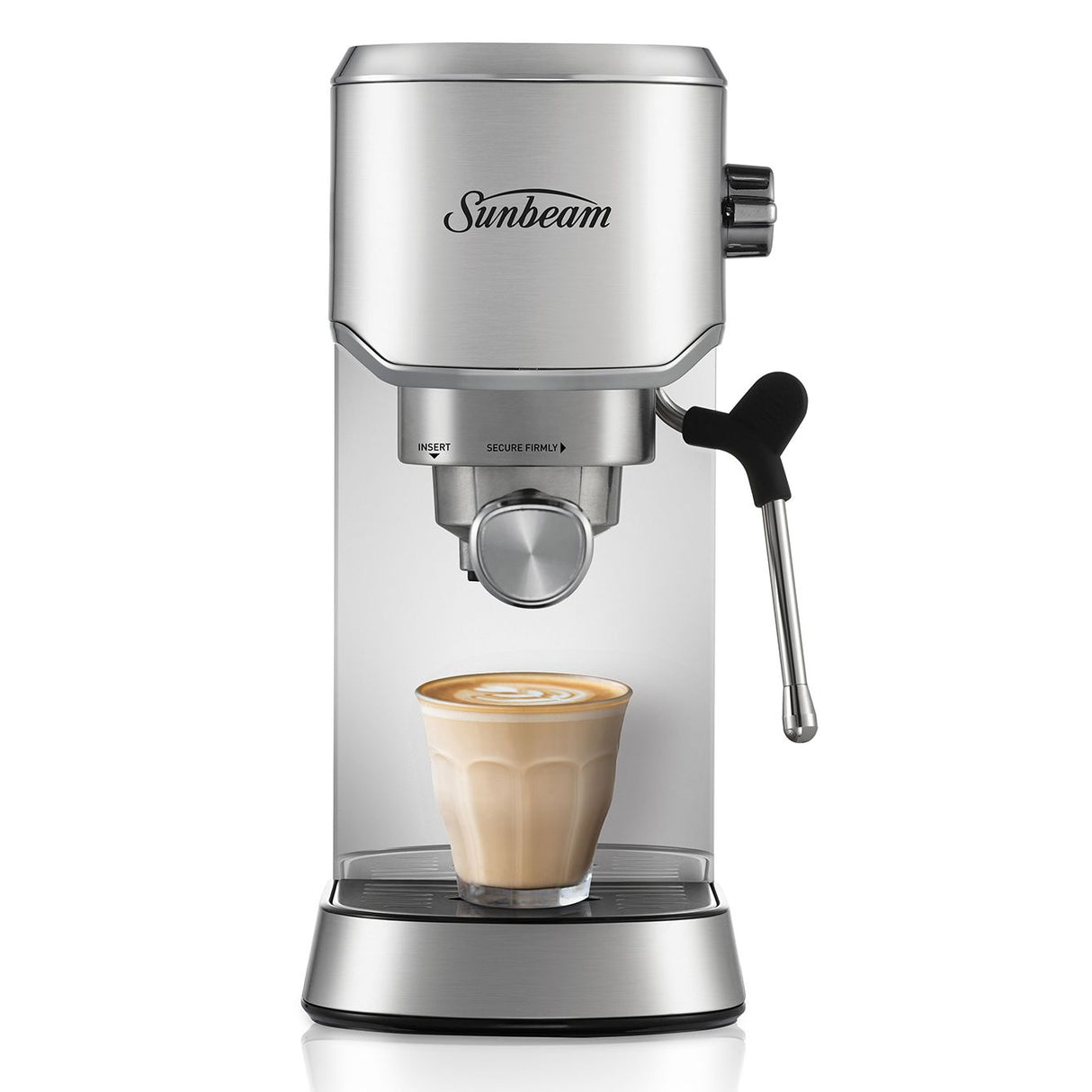 Compact barista espresso machine with stainless steel design, powerful steam wand, and precise volumetric control for cafe-style coffee.