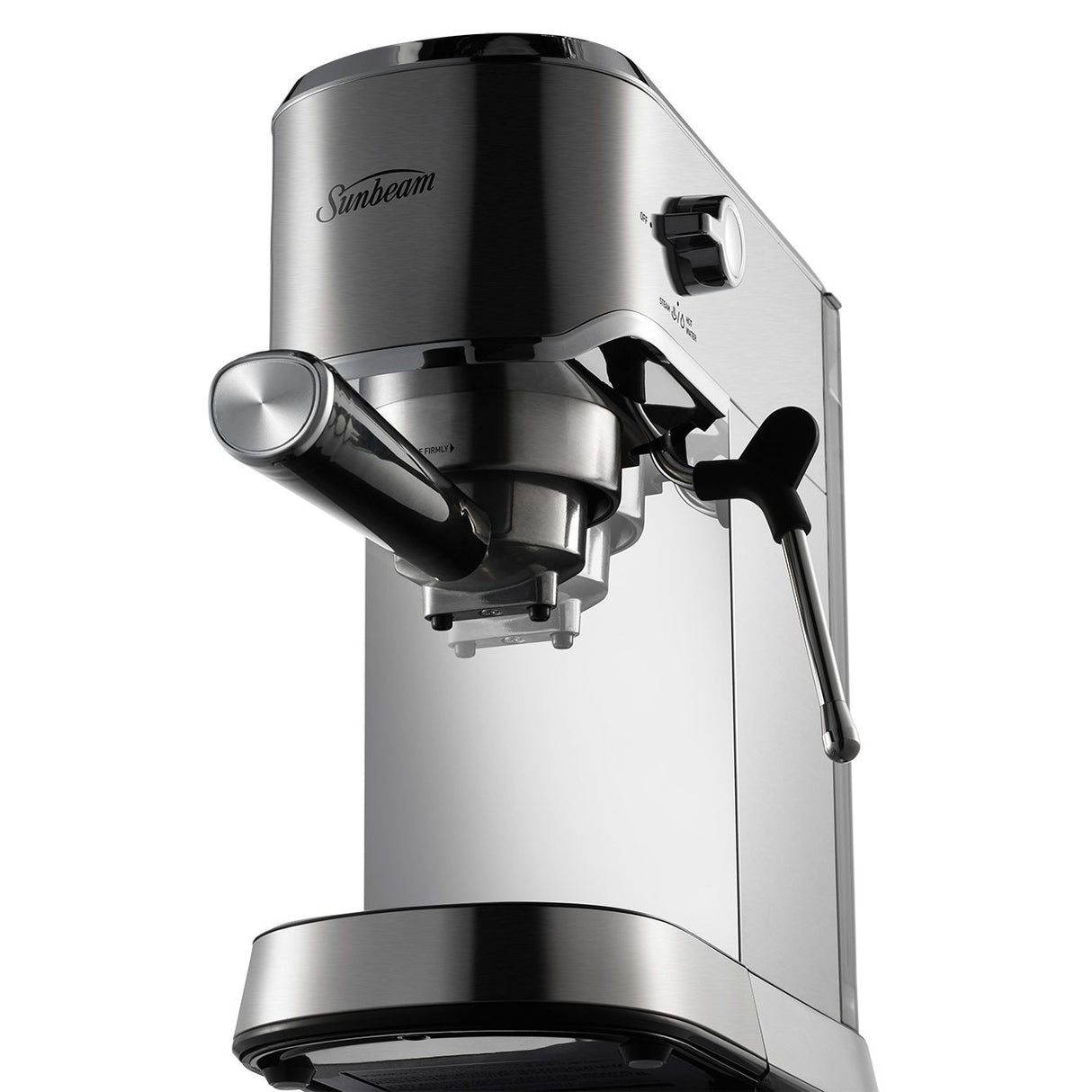 Compact espresso machine with stainless steel design, powerful steam wand, and preset volumetric control for cafe-style coffee.