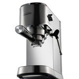 Compact espresso machine with stainless steel design, powerful steam wand, and preset volumetric control for cafe-style coffee.