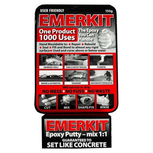 Emmerkit 150gm retail pack - versatile epoxy adhesive for DIY projects, cures underwater, non-conductive, easy to mold and smooth.