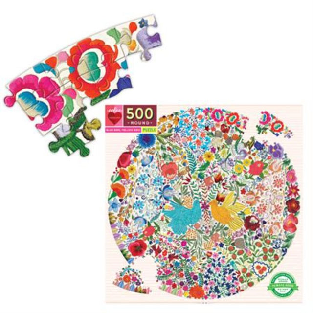 Round jigsaw puzzle featuring blue and yellow birds among vibrant flowers, made from 90% recycled materials, 500 pieces.