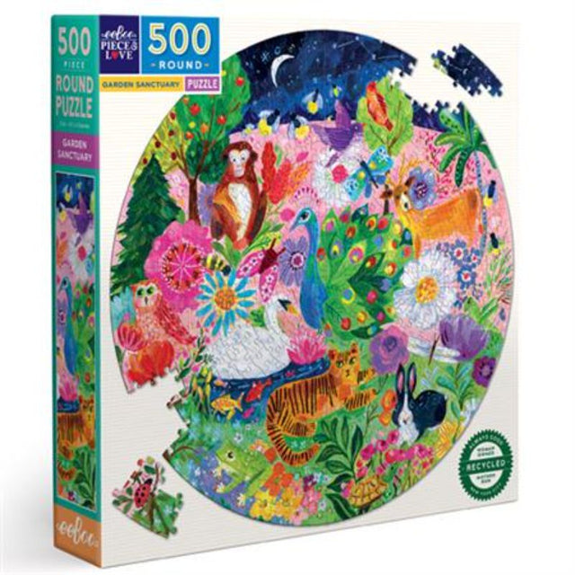 Colorful 500-piece round puzzle featuring a serene nighttime garden illustrated by Jennifer Orkin Lewis, promoting mindfulness.