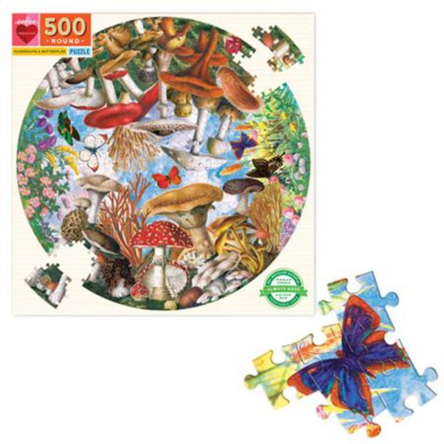 Colorful round jigsaw puzzle featuring whimsical mushrooms and butterflies, perfect for family bonding and mindfulness.