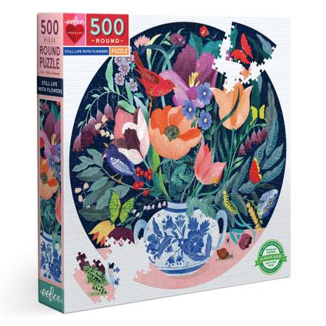 Vibrant 500-piece round jigsaw puzzle featuring floral arrangement in a Delft vase against a midnight blue backdrop.