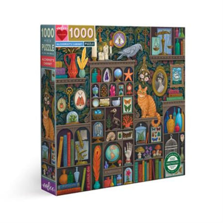 Colorful 1000-piece eeBoo Cabinet of Alchemy Square puzzle showcasing intricate alchemical designs for family fun.