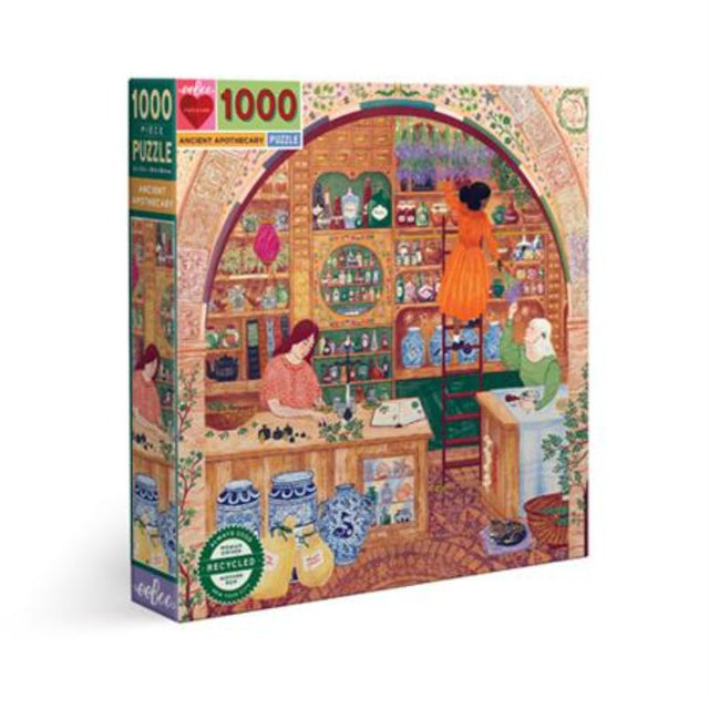 Illustrated 1000-piece puzzle featuring ancient apothecary herbs, perfect for family fun and mindful relaxation.