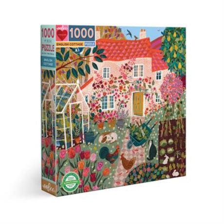 A 1000-piece jigsaw puzzle featuring a charming English cottage scene, made from eco-friendly materials for sustainable fun.