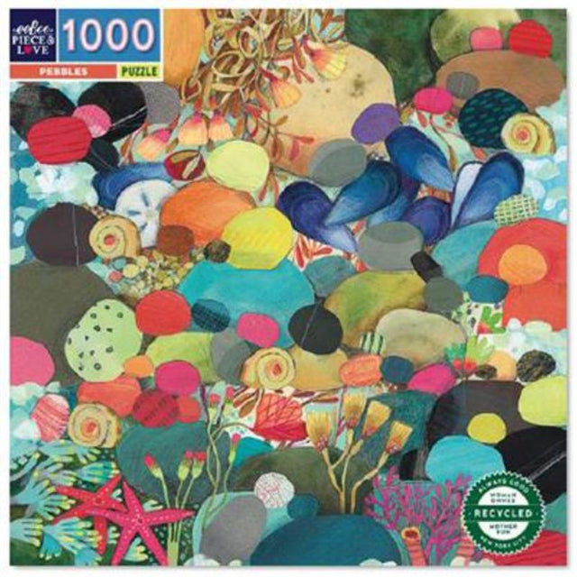 Colorful 1000-piece puzzle featuring underwater pebbles, mussels, and sea life, illustrated by Melissa Sweet, 23x23 inches.