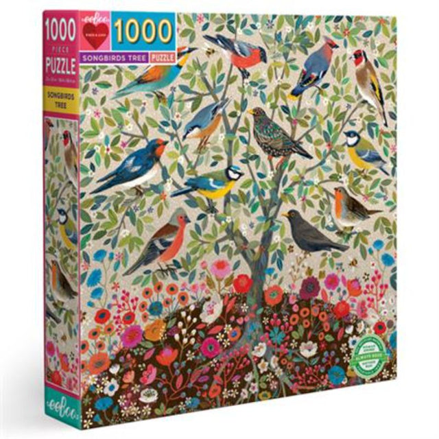 Vibrant 1000-piece puzzle featuring English songbirds on a tree, inspired by William Morris' Arts and Crafts movement.