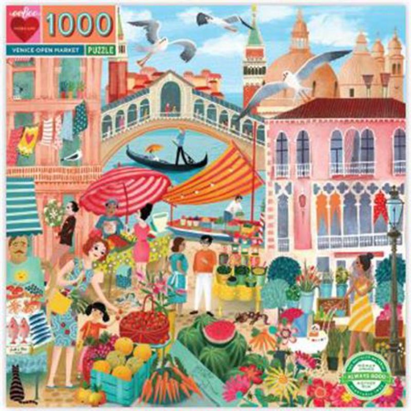 Colorful 1000-piece jigsaw puzzle of Venice's vibrant open market, featuring fresh produce, gondolas, and iconic architecture.