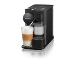 Sleek black single-serve coffee machine with patented milk system for barista-quality drinks, heating water in 25 seconds.