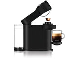 De'Longhi Vertuo Next coffee machine in black, brews various sizes and includes an Aeroccino frother for milk foam.