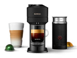 De'Longhi Vertuo Next in black, brews various coffee sizes, includes Aeroccino for frothing milk, sleek design for modern kitchens.