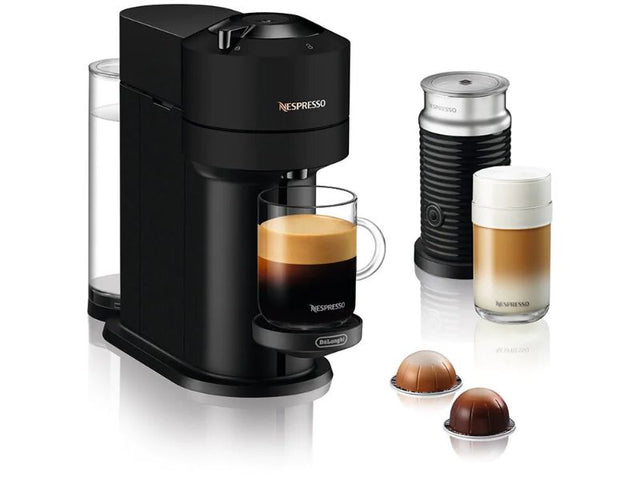 De'Longhi Vertuo Next Coffee and Espresso Machine in black, brews multiple sizes with Aeroccino frother for café-style drinks.