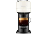 De'Longhi Vertuo Next coffee machine in white, brews multiple sizes with Aeroccino for frothy milk options.